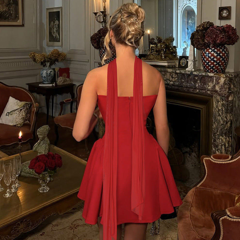 Woman in a strapless flared mini dress