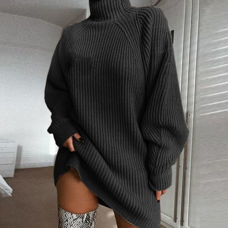 Woman in oversized turtleneck sweater dress