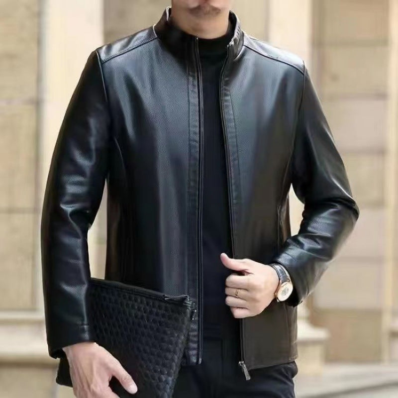 Men's faux leather jacket with stand collar