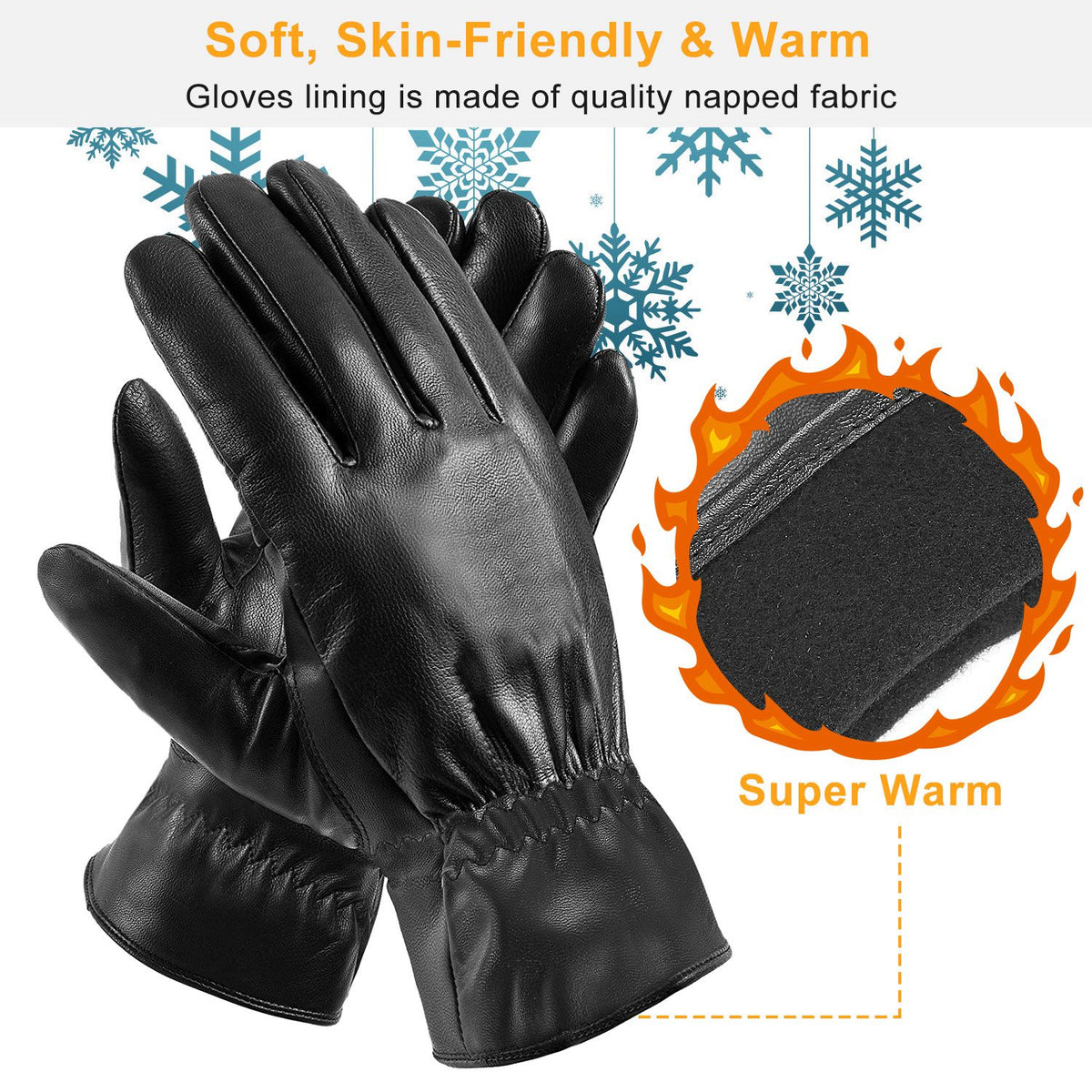 Black leather winter gloves with soft lining