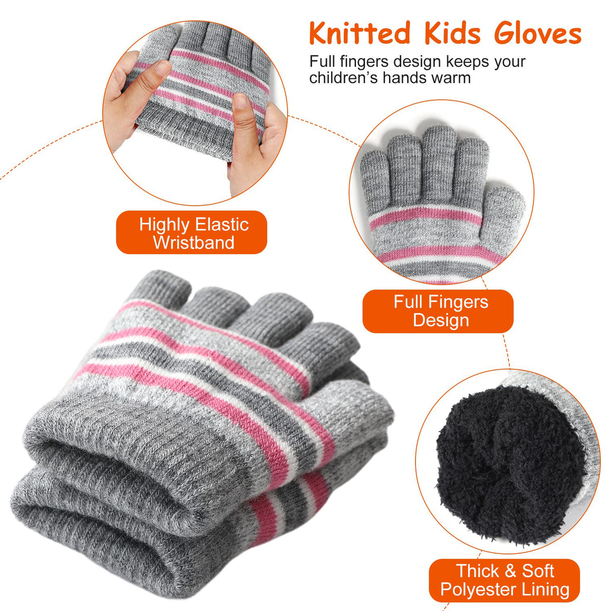 Striped kids beanie with pompom, neck warmer and gloves