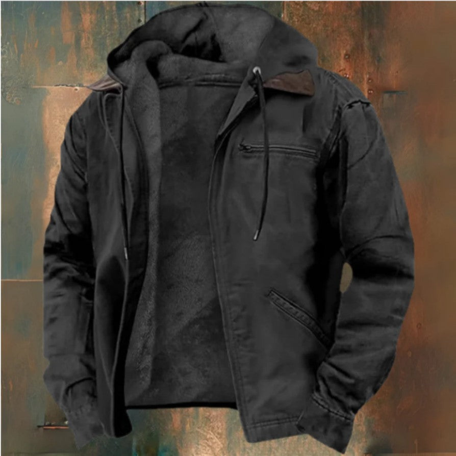 Man wearing a fleece-lined hooded zip jacket