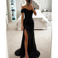 Woman in long off-shoulder sequin evening dress