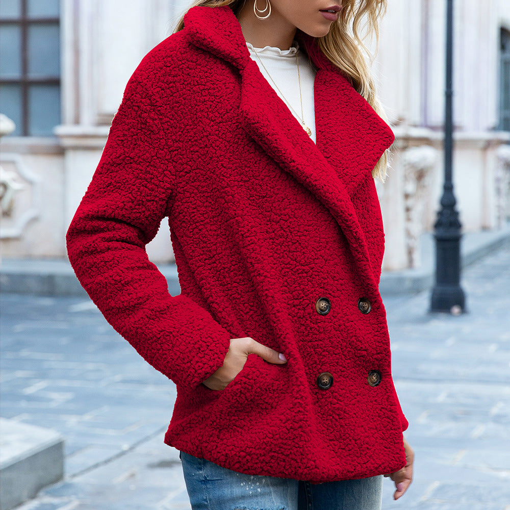 Woman in double-breasted teddy fleece coat