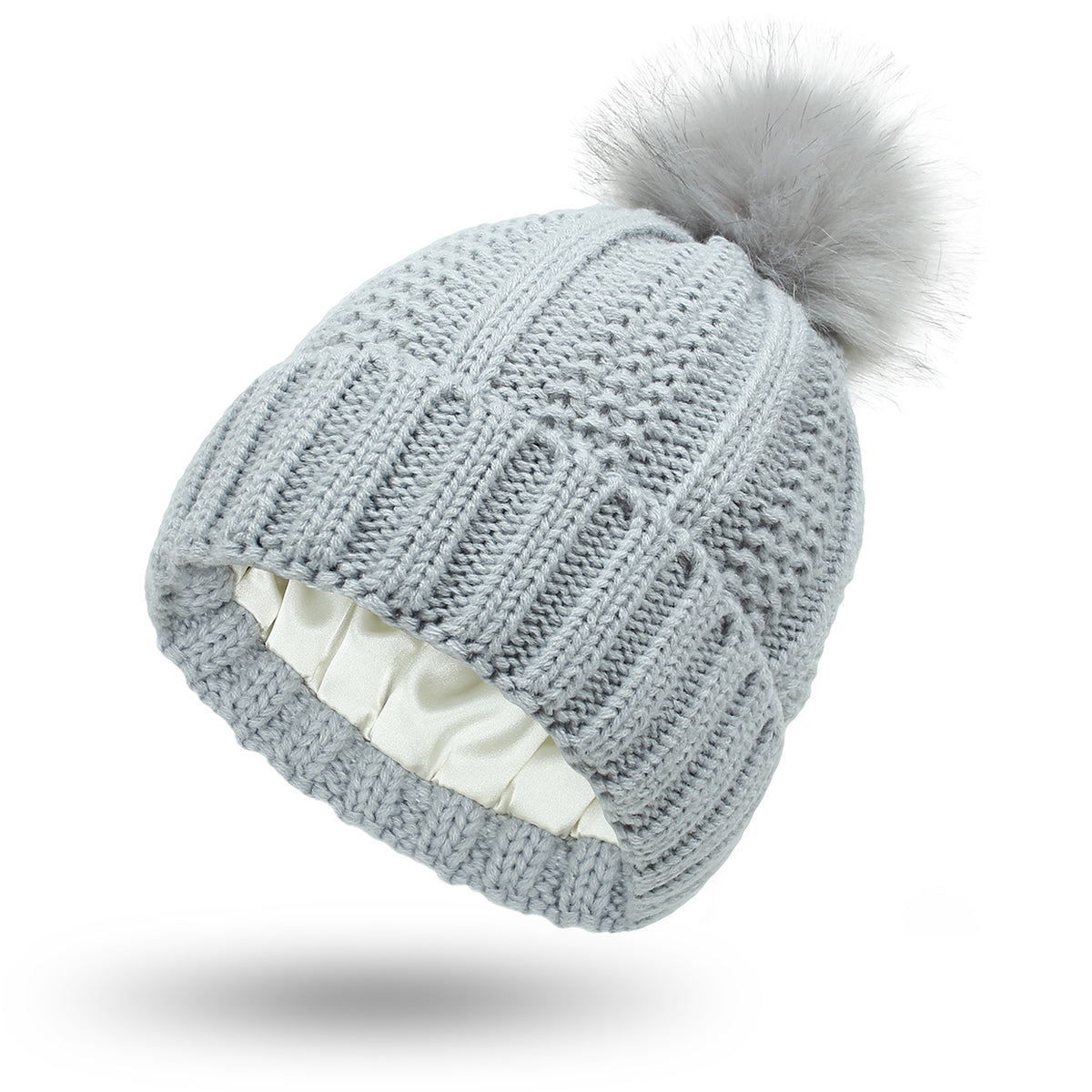 Knit beanie with faux fur pom pom
