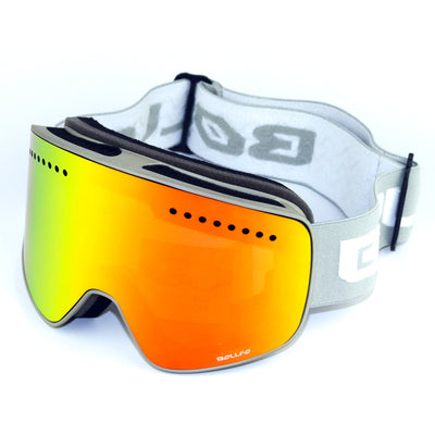 Black frameless ski goggles with blue mirror lens