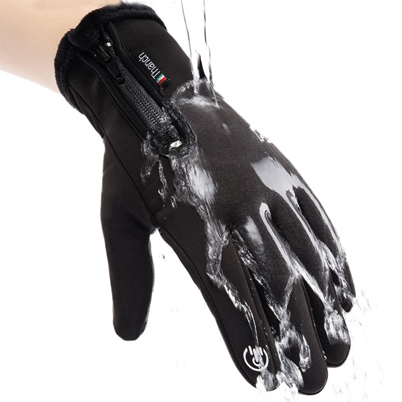 Black waterproof winter gloves with zip pocket