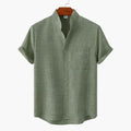 Men's Linen Shirt with Stand Collar and Rolled Sleeves