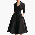 Women’s Midi Dress with Crossed Neckline and Pleated Skirt