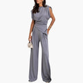 Women’s Asymmetric Two-Piece Pants Suit – Long Top and Wide Leg Pants