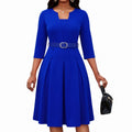 Women’s Asymmetrical Neck Midi Dress with Waist Belt and 3/4 Sleeves