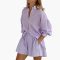 Women’s Button-Down Two-Piece Set – Short Sleeve Top and Wide Leg Pants