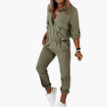 Women’s Button Front Jumpsuit with Elastic Waist and Straight Legs