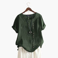 Women’s Cotton Crew Neck Blouse with Diagonal Button Detail