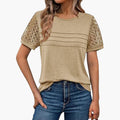 Women’s Crew Neck Crochet Sleeve Pleated Front Short Sleeve T-Shirt
