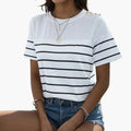 Women’s Crew Neck Striped Button Shoulder Short Sleeve T-Shirt