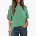 Women’s Crew Neck Striped Short Sleeve T-Shirt with Chest Pocket