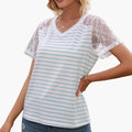 Women’s Crew Neck Striped T-Shirt with Lace Short Sleeves