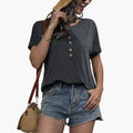 Women’s Crew Neck Wooden Button Front Short Sleeve T-Shirt