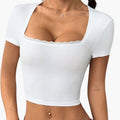 Women's Crop Top with Square Neck and Lace Trim
