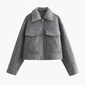 Women’s Cropped Bomber Jacket with Lapel Collar and Zip Front