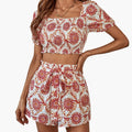 Women’s Floral Crop Top and Shorts Set with Square Neck and Puff Sleeves