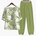 Women’s Floral Two-Piece Summer Outfit – Short Sleeve Top and Straight Leg Pants