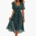 Women’s Floral V-Neck Midi Dress with Short Sleeves