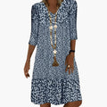Women’s Floral V-Neck Midi Dress with Smocked Waist and Short Sleeves