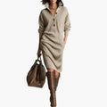 Women's Sweater Dress with Ribbed Surface and Button Collar