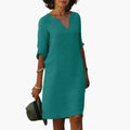 Women’s Knee-Length Dress with V-Neck and Three-Quarter Sleeves