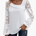 Women’s Lace Trim Crew Neck Blouse – Long Sleeve Cutout Detail Woven Top