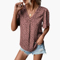 Women’s Leopard Print V-Neck Tee with Elbow-Length Sleeves