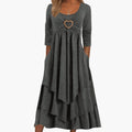 Women’s Long Sleeve Heart Print Midi Dress with Tiered Skirt