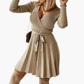 Women’s Long Sleeve Knit Dress with Belted Waist and Pleated Knee-Length Skirt