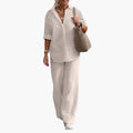 Women’s Long Sleeve Two-Piece Outfit – Round Neck Top and Straight Leg Pants