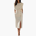 Women’s Midi Dress with Button Slit Short Sleeve Round Neck Dress