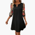 Women’s Midi Dress with Keyhole Neckline and Floral Long Sleeves
