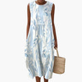 Women's Midi Dress with Sleeveless Design and Leaf Pattern