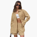 Women's Oversized Button Shirt and Elastic Waist Shorts Two-Piece Set