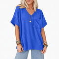 Women’s Oversized Ribbed V Neck Pocket Short Sleeve T-Shirt