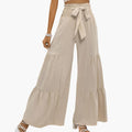 Women's Palazzo Pants with Waist Belt and Ruffled Hem