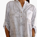 Women’s Printed Stand Collar Button-Down Blouse – Short Sleeve Pocket Shirt