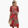 Women’s Printed V-Neck Midi Dress with Short Sleeves and Loose Fit