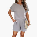 Women’s Round Neck Jumpsuit with Elastic Waist – Short Sleeve One-Piece