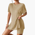 Women's Round Neck T-Shirt and Elastic Waist Shorts Two-Piece Set