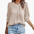 Women’s Satin-Look Pleated Blouse – Long Sleeve Crew Neck Woven Pullover Top
