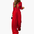Women's Shirt Collar Jumpsuit with Elastic Waist and Wide Legs