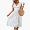 Women’s Sleeveless Lace Midi Dress with V-Neck and Defined Waist