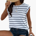 Women’s Sleeveless T-Shirt with Round Neck and Striped Surface